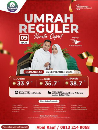 Umrah Reguler 9 Hari, Kereta Cepat, Btt Ahz, Keberangkatan 05 September  2026